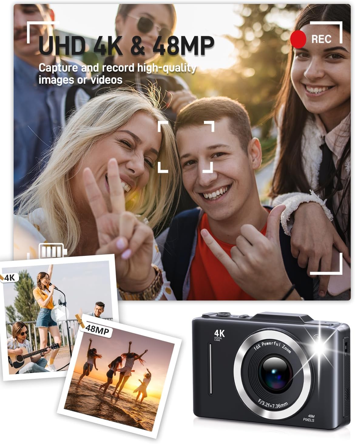 FHD 1080P Kids Digital Camera with 16x Zoom, 48MP 4K Compact Point & Shoot – 32GB Card Included