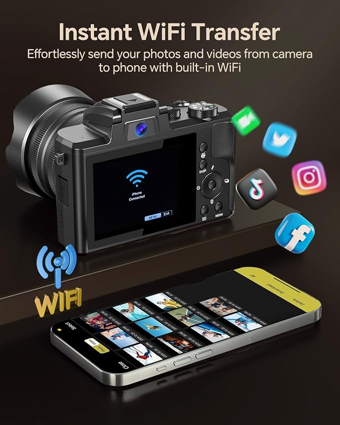 88MP 8K Vlogging Camera with Front & Rear Lens – WiFi, Touch Screen, Flash, 64GB Card – Ideal for Creators