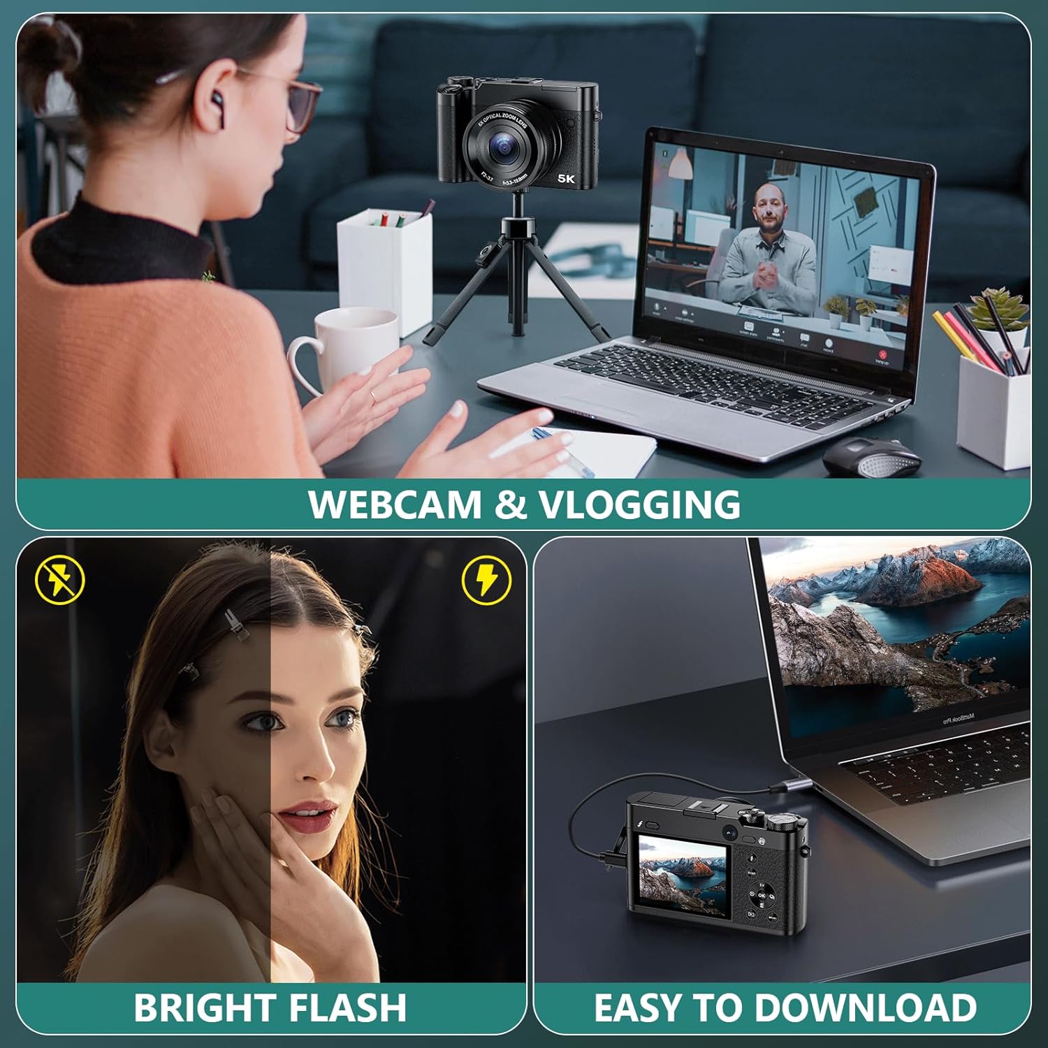 1.	5K 64MP Digital Camera with 6X Optical Zoom, WiFi & Autofocus – Vlogging Camera for YouTube Creators