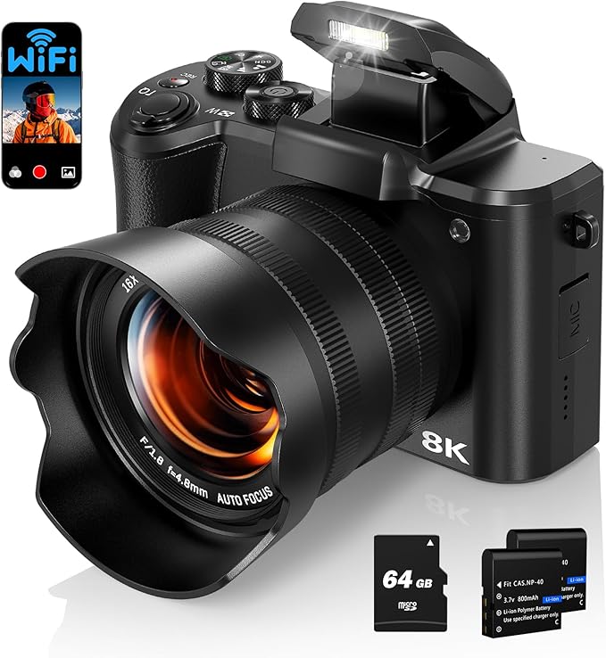 88MP 8K Vlogging Camera with Front & Rear Lens – WiFi, Touch Screen, Flash, 64GB Card – Ideal for Creators