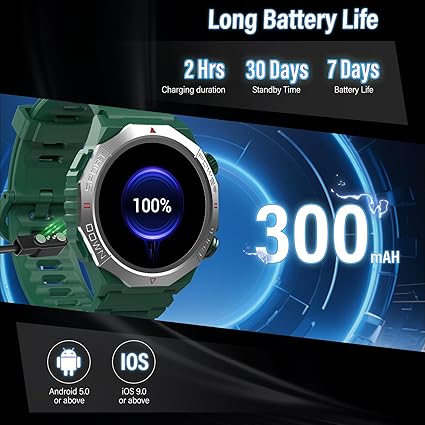 Military Smart Watch – Call, Fitness, Waterproof, 110+ Sports (Green)