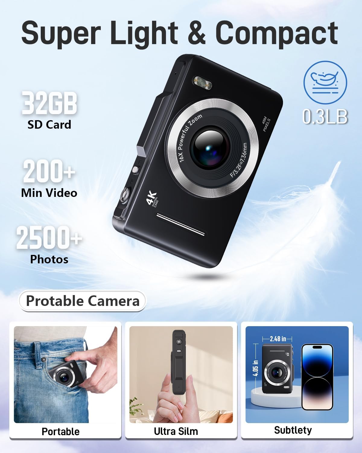 FHD 1080P Kids Digital Camera with 16x Zoom, 48MP 4K Compact Point & Shoot – 32GB Card Included