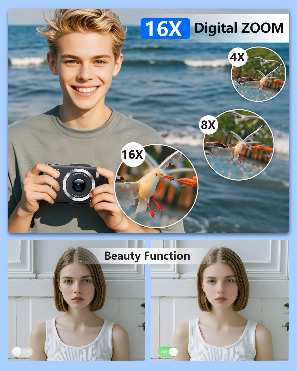 FHD 1080P Kids Digital Camera with 16x Zoom, 48MP 4K Compact Point & Shoot – 32GB Card Included