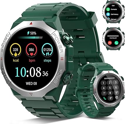 Military Smart Watch – Call, Fitness, Waterproof, 110+ Sports (Green)