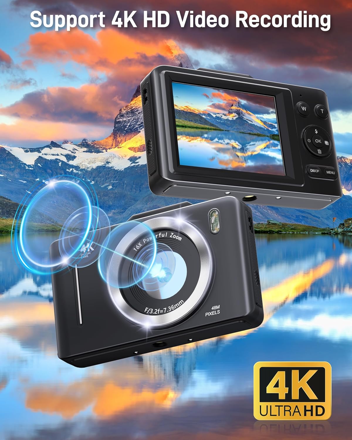 FHD 1080P Kids Digital Camera with 16x Zoom, 48MP 4K Compact Point & Shoot – 32GB Card Included