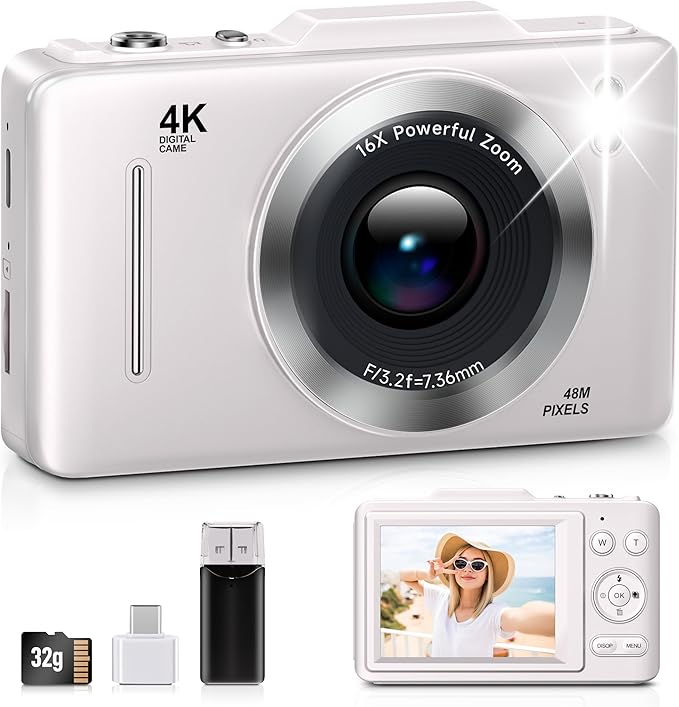 FHD 1080P Kids Digital Camera with 16x Zoom, 48MP 4K Compact Point & Shoot – 32GB Card Included