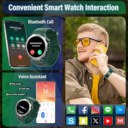 Military Smart Watch – Call, Fitness, Waterproof, 110+ Sports (Green)