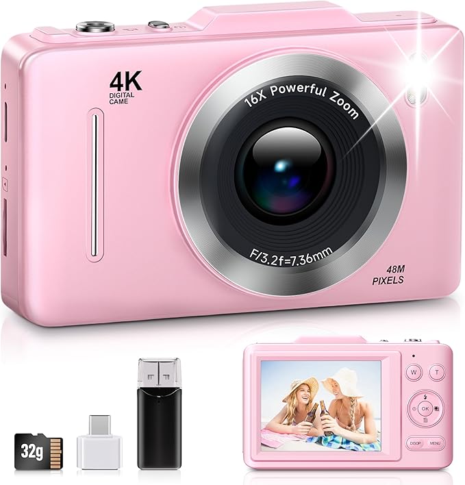 FHD 1080P Kids Digital Camera with 16x Zoom, 48MP 4K Compact Point & Shoot – 32GB Card Included