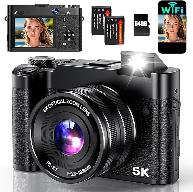 1.	5K 64MP Digital Camera with 6X Optical Zoom, WiFi & Autofocus – Vlogging Camera for YouTube Creators