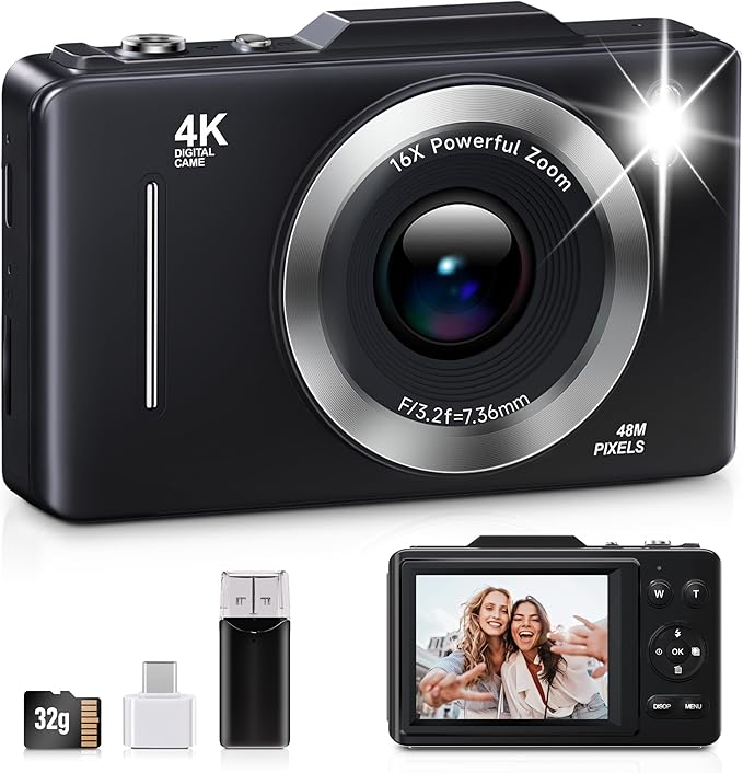 FHD 1080P Kids Digital Camera with 16x Zoom, 48MP 4K Compact Point & Shoot – 32GB Card Included